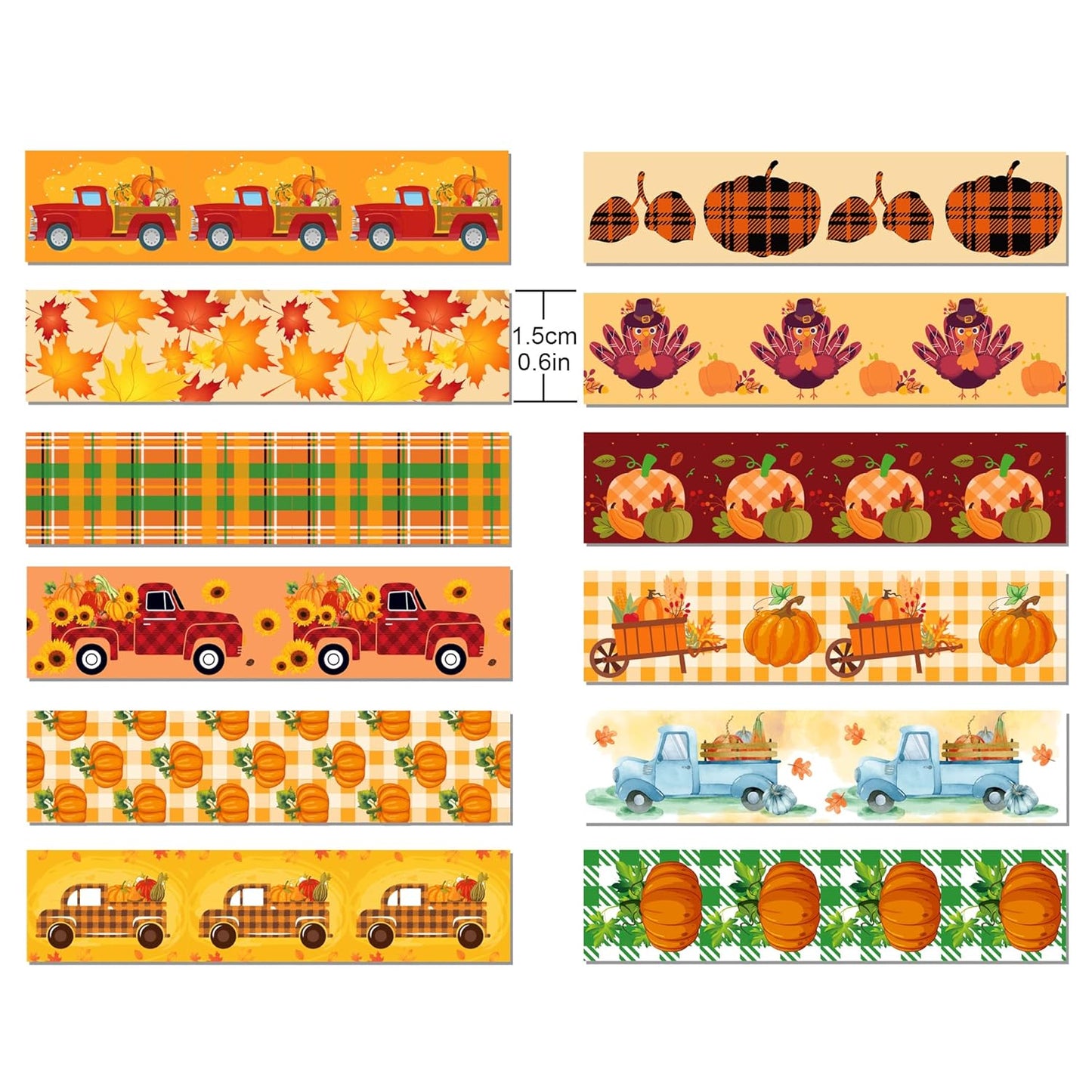 12 Pcs Thanksgiving Print Masking Tape Fall Maple Leaf Washi Tape Pumpkin Pattern Decorative Paper Sticker for Fall Party Holiday Scrapbook DIY Craft Gift Wrapping Handbook Sticker