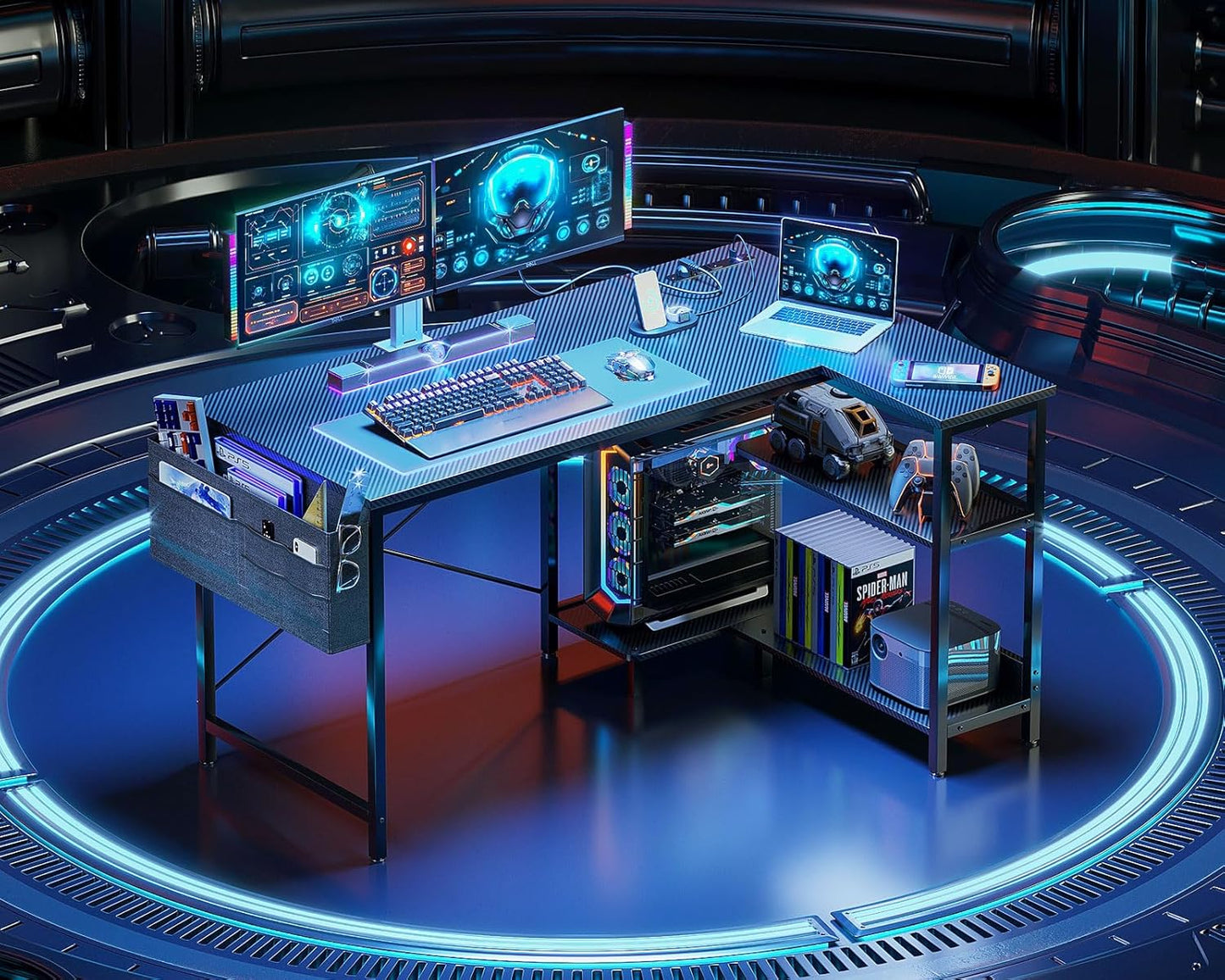 ODK 48 Inch Small L Shaped Gaming Computer Desk with Power Outlets, Corner Desk with Reversible Storage Shelves & PC Stand for Small Space, Modern Simple Home Office Table, Carbon Fiber Surface, Black