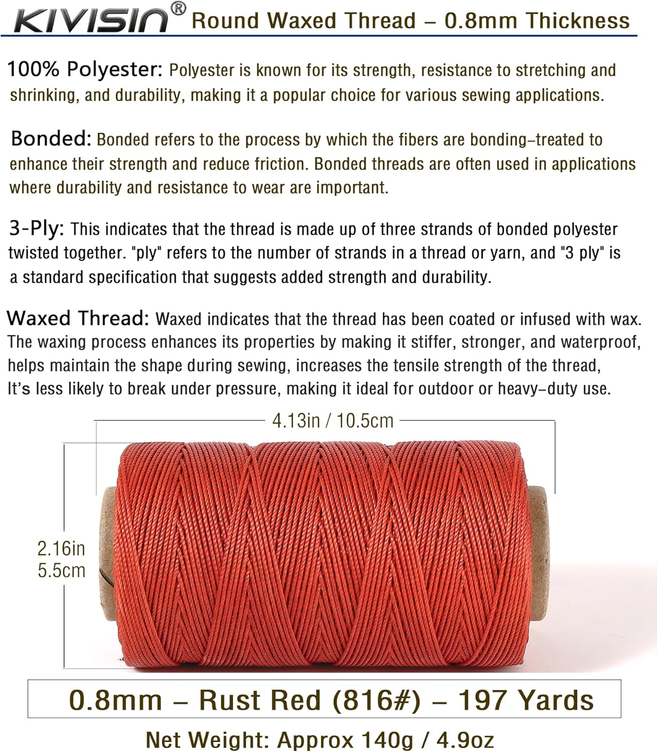 Bonded 0.8mm Round Waxed Polyester Cord, 3-ply Wax Coated Thread, 197 Yards Stiff String for Heavy Duty Fabric, Leather Sewing, Book Binding, Upholstery Repair, and Macrame Jewelry - Rust Red