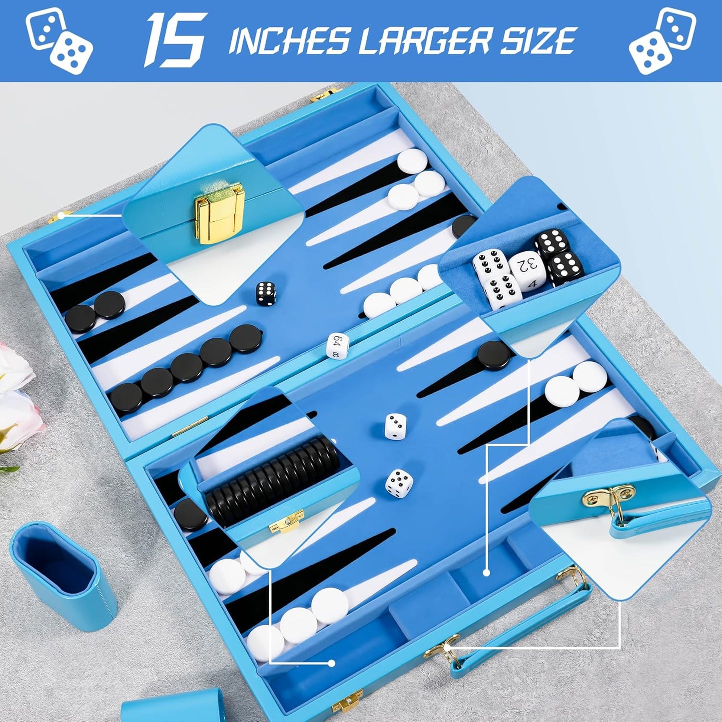 Froggod Travel Backgammon Sets for Adults – 15 Inch Premium Backgammon Set – PU Leather Case with Seamless Flocked Game Surface – Classic Board Games for 2 Player and Gift for Men(Light Blue)