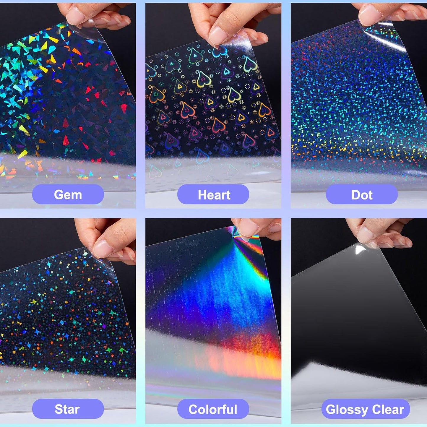 Clabby 36 Sheets Holographic Sticker Paper A4 Vinyl Sticker Paper Self Adhesive Waterproof Transparent Film, 11.7 x 8.3 inches (Gem, Dot, Colorful, Star, Heart, Glossy Clear)