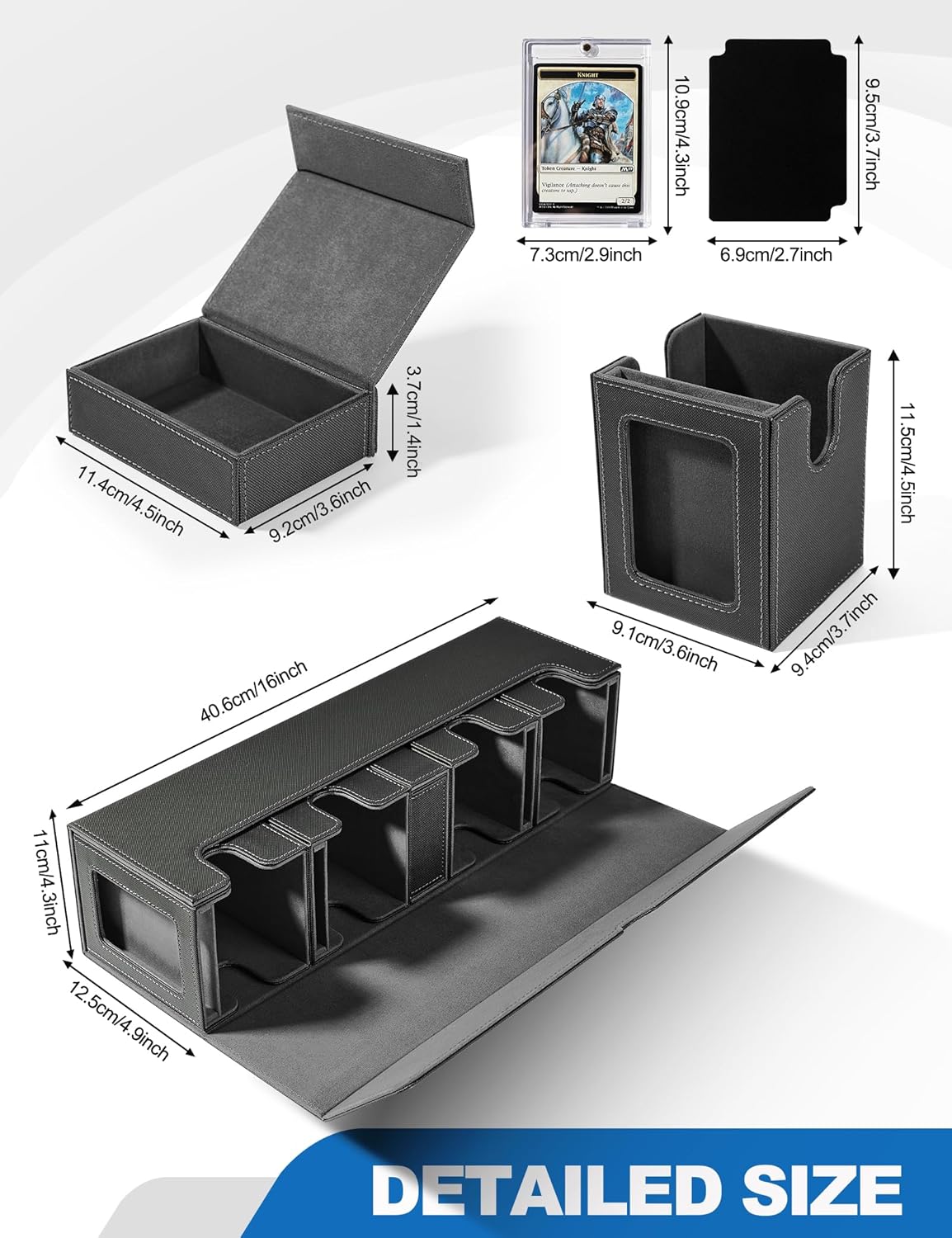 Card Deck Box for MTG with Commander Display, 5 in 1 Card Deck Case Holds 800+ Unsleeved Cards, Strong Magnet Organizer Compatible with Yugioh TCG Sports Cards (Black&Grey)