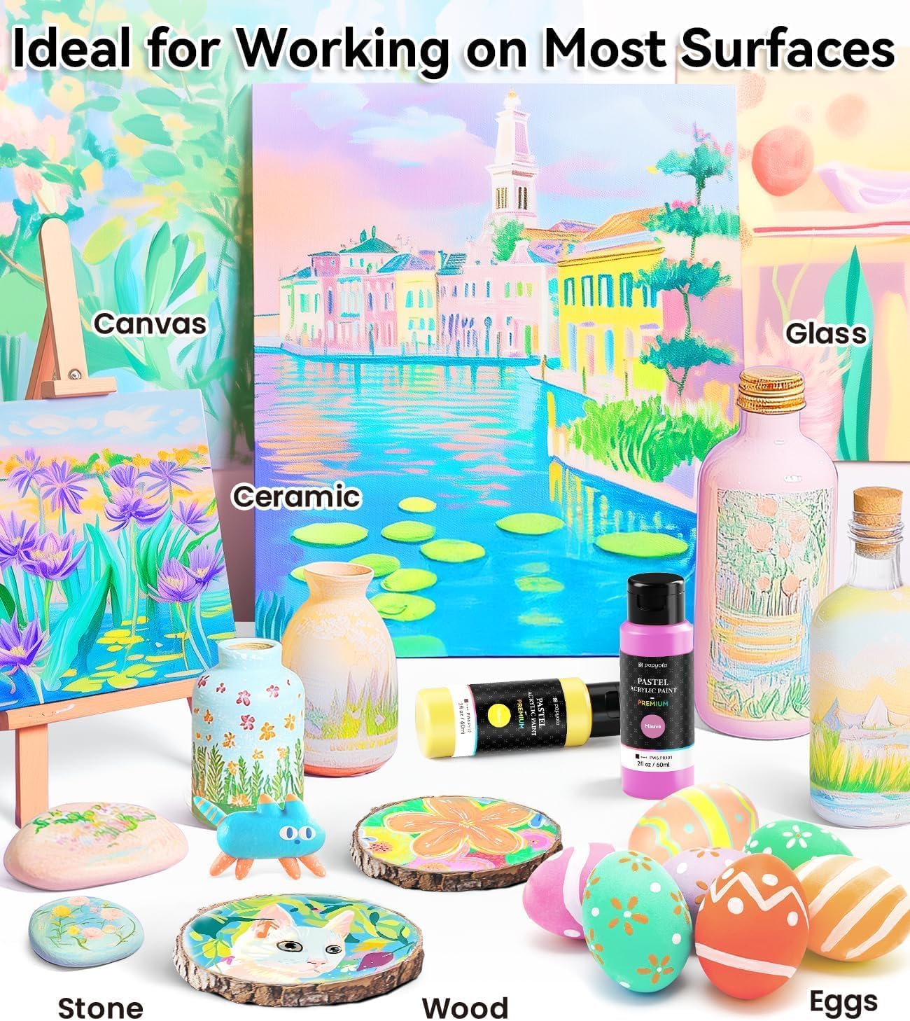 52 PCS Pastel Acrylic Paint Set with 12 Brushes, 2 Knives & Palette, 36 Colors (2oz/60ml) Art Craft Paint for Adults Kids Artists Beginners, Halloween Pumpkin Canvas Ceramic Rock Painting Kit