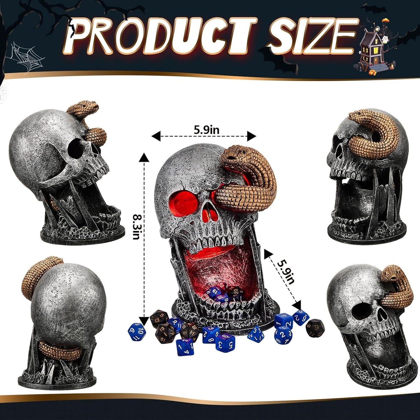 Dice Tower Skull Dice Tower Dice Roller with LED Light Dice Skull for Tabletop Roleplaying Game, Included Button Battery