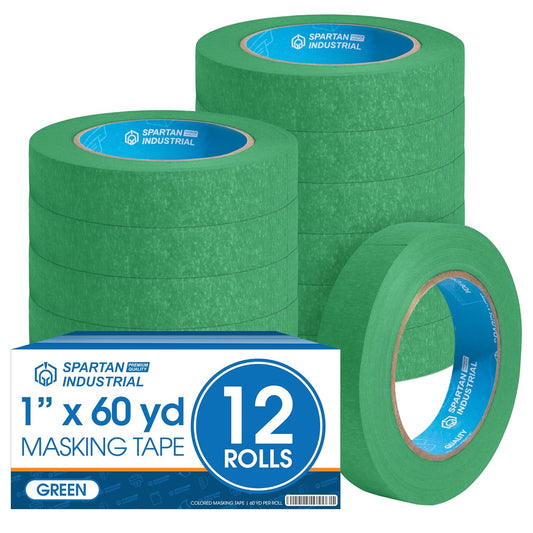 Spartan Industrial - 1" X 60 yd Green Masking Tape - 12 Colored Tape Rolls for Bundling, Labeling, and More - No Residue, 5.5 Mil