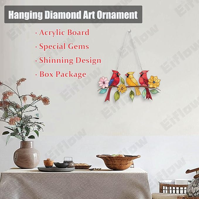 Eiflow 11.7x6.3in Acrylic Diamond Art Hanging Kit for Adults Cardinal Birds, DIY Diamonds Painting Door Hanger Board Kit, Special Crystal Diamond Art Painting Pendant Ornament