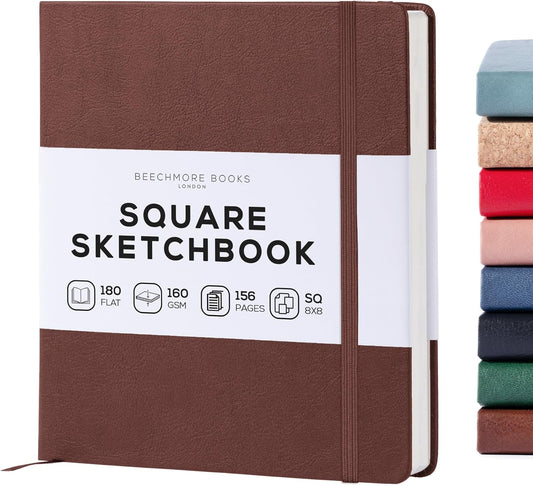 Beechmore Books Square Sketchbook – 8x8 Premium Vegan Leather Bound Large Sketch Book Hardcover with 156 Thick 160gsm Perforated Ivory Pages, Blank Sketch Pad, Gift Boxed Back Pocket, Ribbon Bookmark