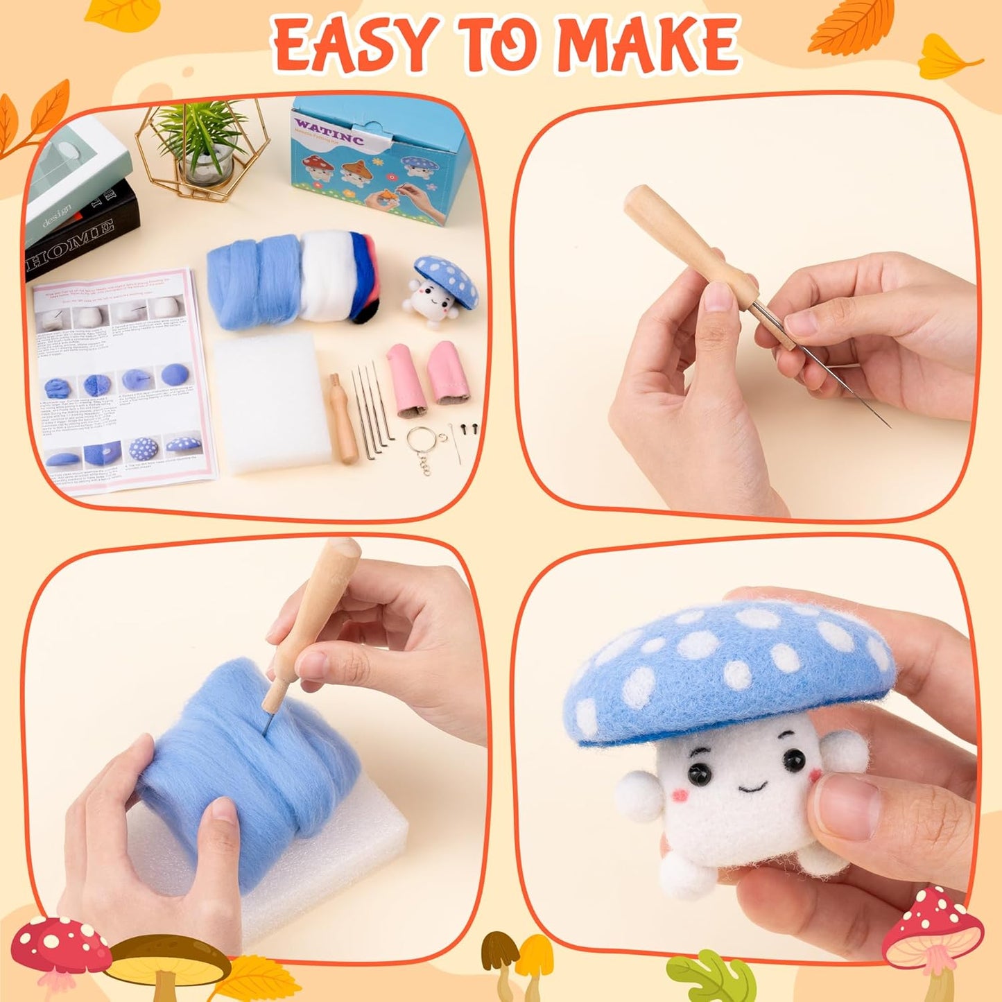 WATINC Needle Felting Kit - 3 Set Unique Different Cute Doll Wool Felt Needle Tools Foam Pad Instruction, DIY Home Decoration Craft Party Supplies for Art Work Starter Beginners (Mushroom)