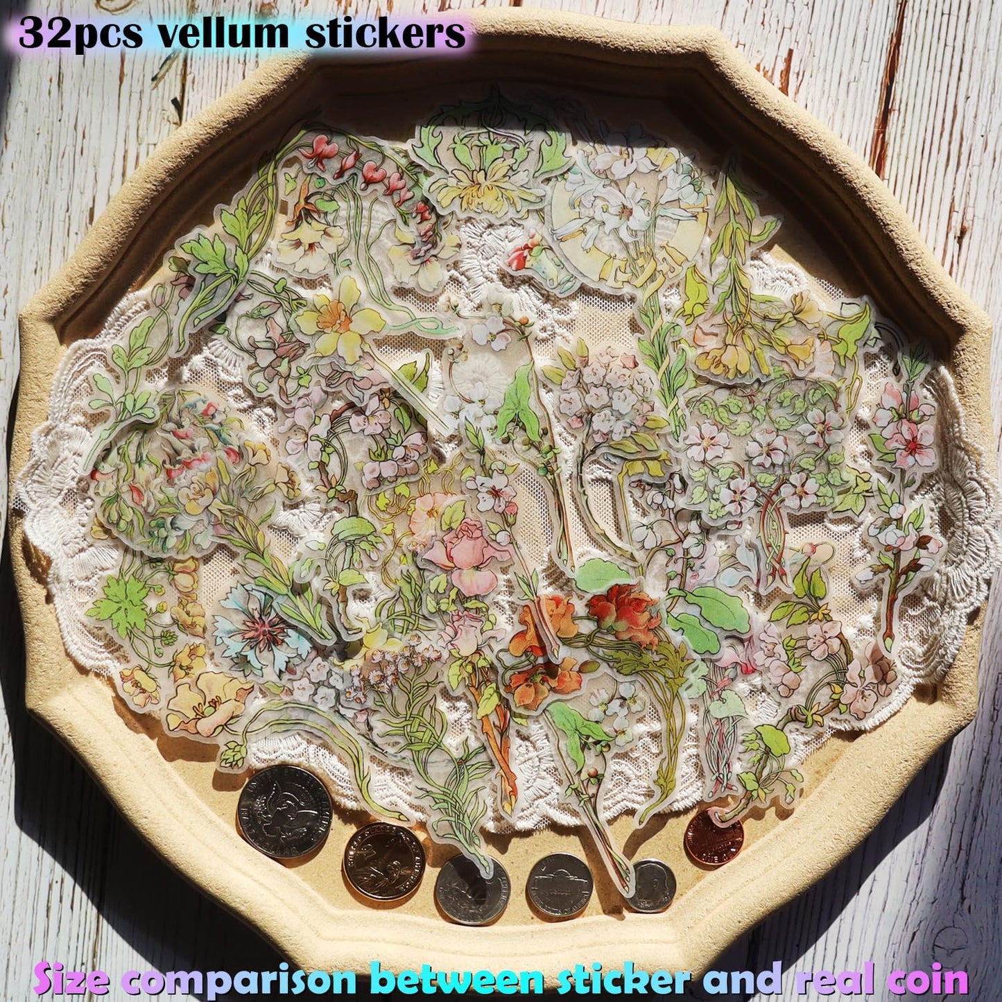 Vintage Vellum Stickers Floral Plants Elements Scrapbooking Supplies Flowers Botanic Natural Translucent Paper Self-Adhesive Junk-Journal Items (Retro Flowers)