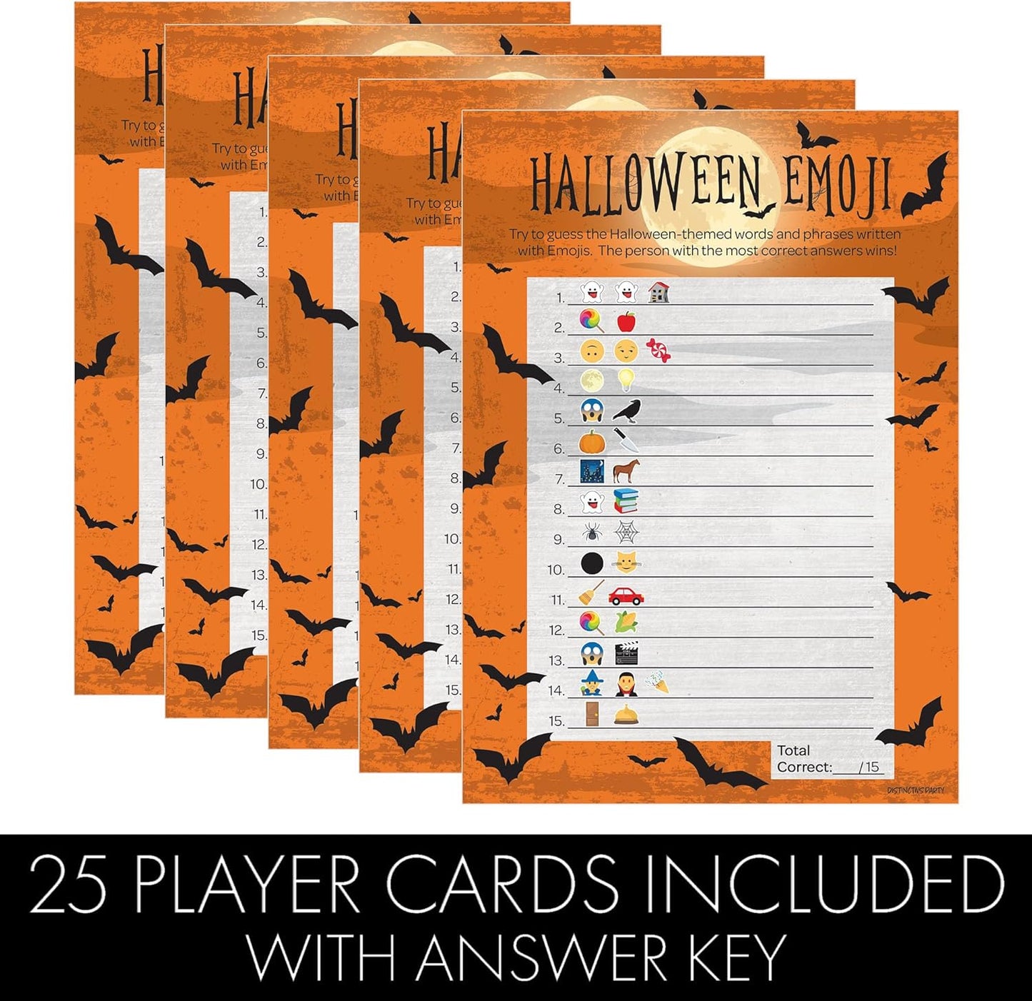 DISTINCTIVS Halloween Party Emoji Guessing Game - 25 Game Cards for Kids, Adults, Classrooms, and Fall Events