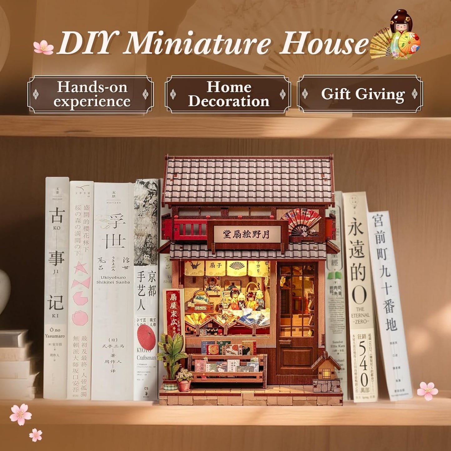 CUTEBEE Book Nook Kit - DIY Miniature House Japanese Fan Shop Dollhouse Kit for Adults and Teens, Booknook Tiny House Bookshelf Decor 3D Wooden Puzzle, Gifts for Family, Friends (Tsukino Eogi-dou)