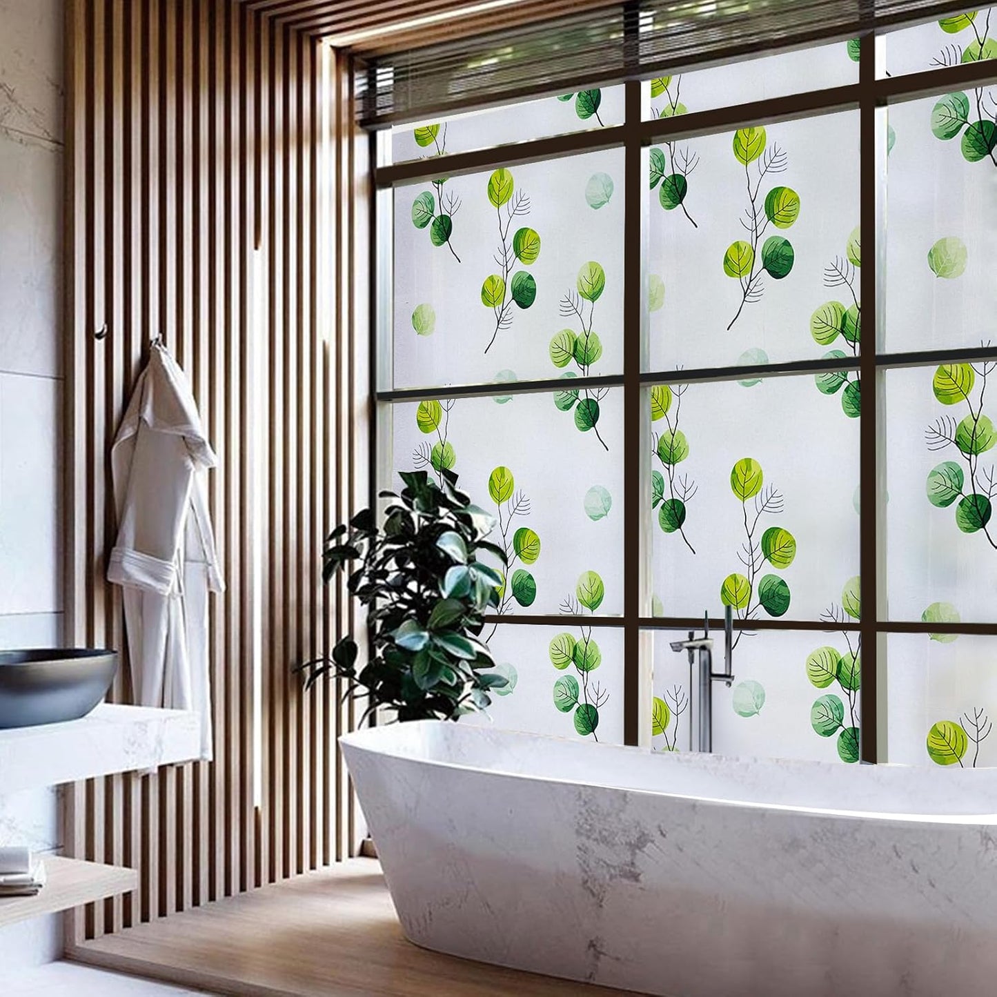 DKTIE Eucalyptus Leaves Stained Glass Window Film with Installation Tools, INS Style Window Privacy Film Decorative, Nordic Style for Home Decor (S541, 17.7'' x 118.1'')