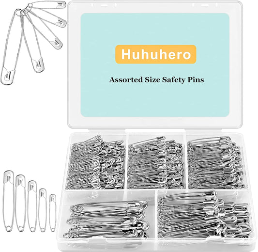 Huhuhero 340 Pack Safety Pins Assorted, Small & Large Heavy Duty Safety Pins for Clothes Costume Sewing, 5 Different Sizes Nickel Plated Steel Pin Bulk, Crafts Art Supplies, Silver