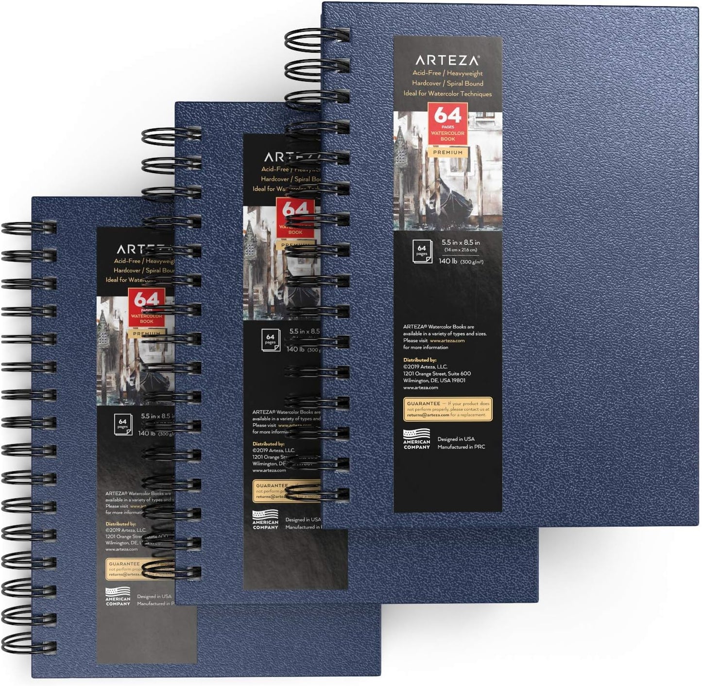 ARTEZA Watercolor Sketchbook Set,3-Pack,64 Pages per Book,5.5 x 8.5 Inches,Blue Hardcover Spiral Notebooks,140-Pound Premium Watercolor Paper for Artists