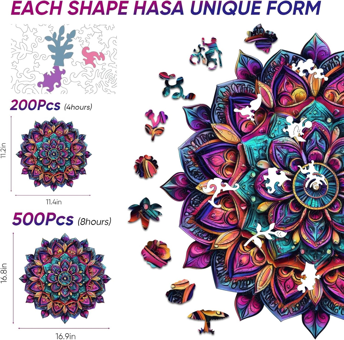 Wooden Jigsaw Puzzles, Mandela Wooden Puzzles for Adults, 500 Pcs King Size 16.8'' x 16.9'', Luxurious Shaped Wood Puzzle, Beautiful Package, Best Gift for Adults and Kids, Family Game