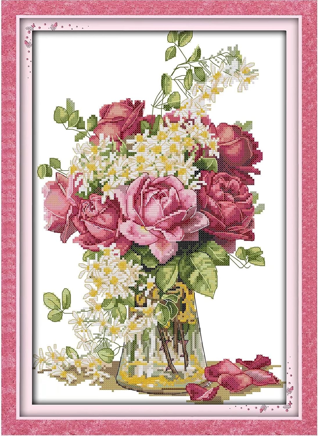 Stamped Cross Stitch Kits Beginners Full Range of Crossstitching Preprinted kits Pattern for Kids or Adults, DIY Needlepoint Embroidery Craft Kits 11CT 3 Strands-15×20.5 inch，Blooming flowers