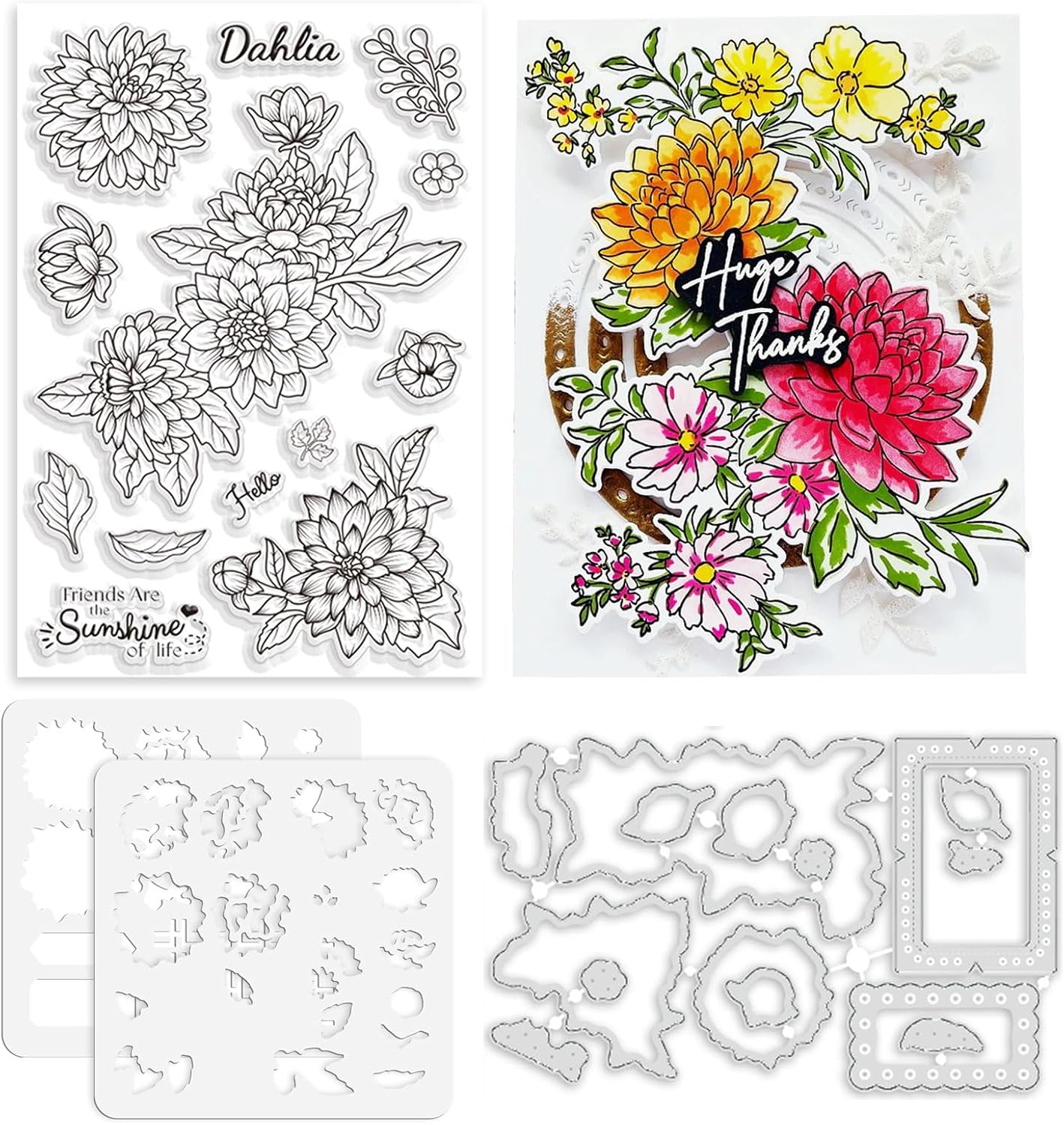 ORIGACH Realistic Dahlia Layering Stencils Set for Card Making, Dahlia Silicone Stamps and Die Sets and Flower Stencil Template for Scrapbooking DIY Crafting