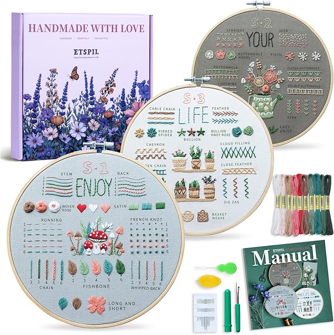 ETSPIL Embroidery Kit for Adult Beginners, 3-Pack 33-Stitch Practice Samplers, Pre-Stamped Patterns, 7.8-Inch Hoop, Threads & Needles, Step-by-Step Guide & Video, DIY Needlework Craft Gift for Women
