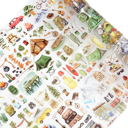 6 Rolls Travel PET Tape Set with Clip, Camping and Adventure-Themed Sticker Tape for Journaling, Scrapbooking, and DIY Crafts