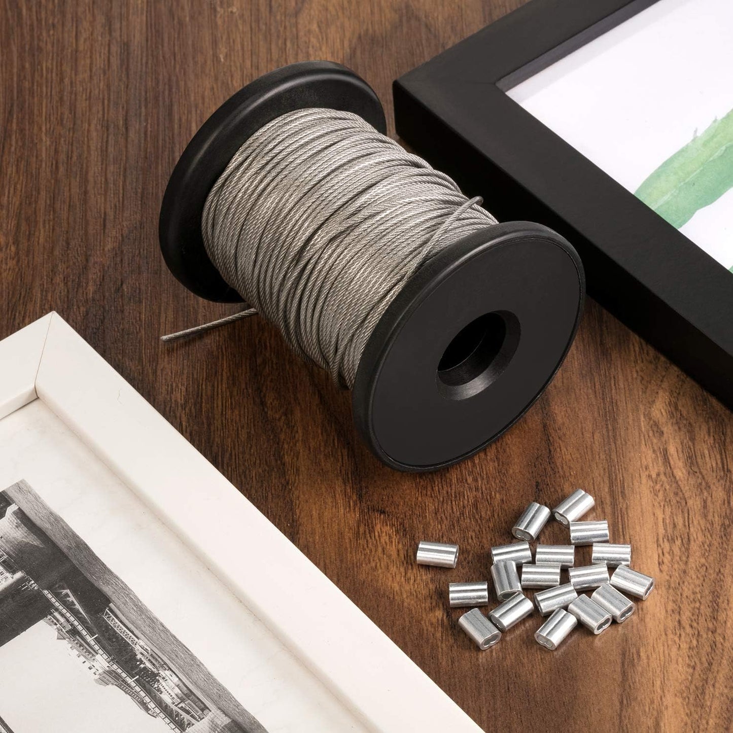 Chengu Vinyl Coated Picture Frame Hanging Wire, Stainless Steel Wire Spool with 20 Pieces Aluminum Crimping Loop Sleeve, Supports up to 110 Lbs (1.5 mm x 98 Feet) (Pack of 2)