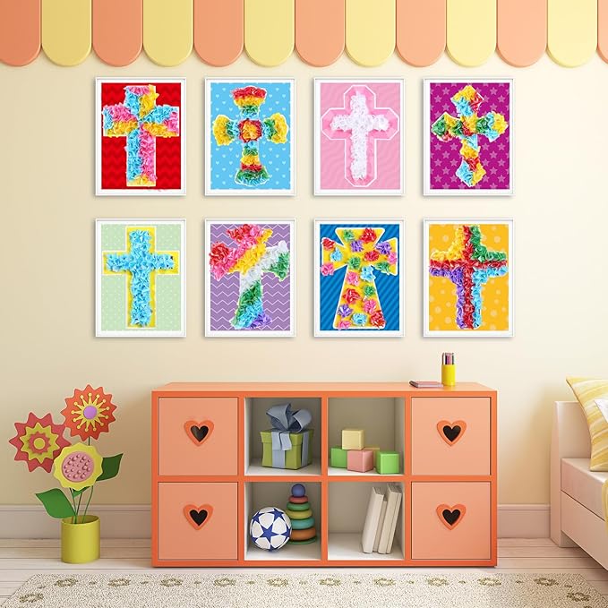 8PCS Poke-in Craft and Art Kit Religious Cross Themed No-Mess Fabric Sewing Art Puzzle Puncture Painting Christian Sunday School VBS Creative Activity Game Birthday Party