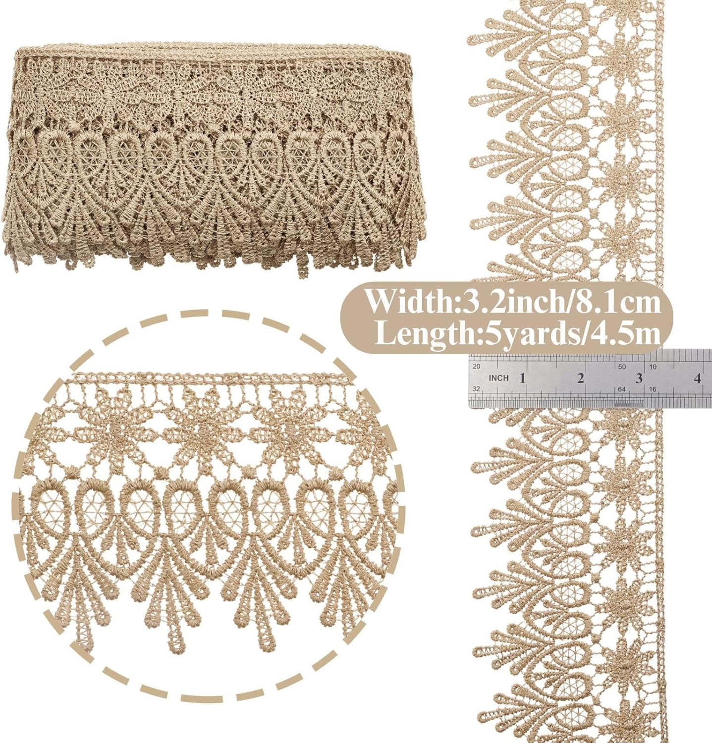 GXTIZAS Golden Lace Trim 5 Yards Wide Venise Lace Ribbon Embroidered Edge Trim for Sewing Crafts Pillow Case