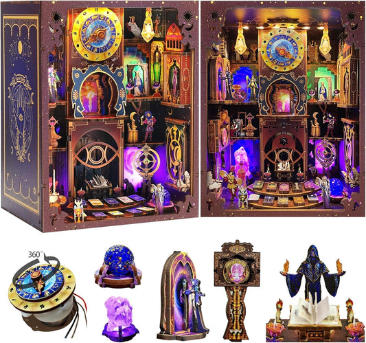 Tarot Book Nook Kit - 3D Wooden Puzzle for Adults, Teens & Beginners, DIY Miniature Bookshelf Insert with LED Light, Mysterious Craft Gift for Family, Friends
