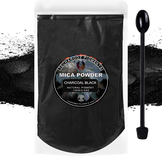 Charcoal Black Mica Powder for Epoxy Resin 100g / 3.5oz. Sealed Bag - TECHAROOZ 2 Tone Resin Dye Color Pigment Powder for Lip Gloss, Nails, Colorant for Slime Bath Bombs Soap Making & Polymer Clay