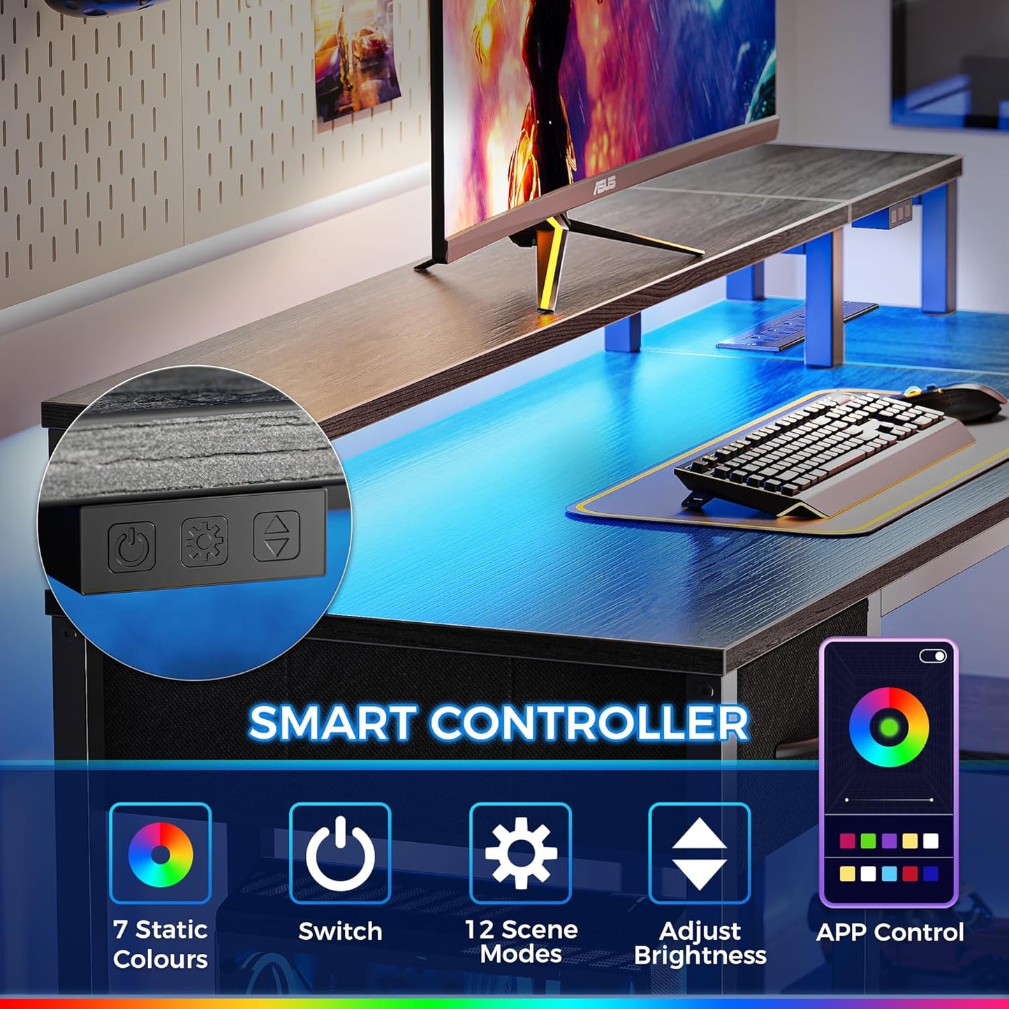 SUPERJARE 53 inch Reversible L Shaped Desk with LED Lights & Power Outlets, Computer Desk with Shelves & Monitor Stand, Gaming Desk with Drawer, Home Office Desk Corner Desk, Grey