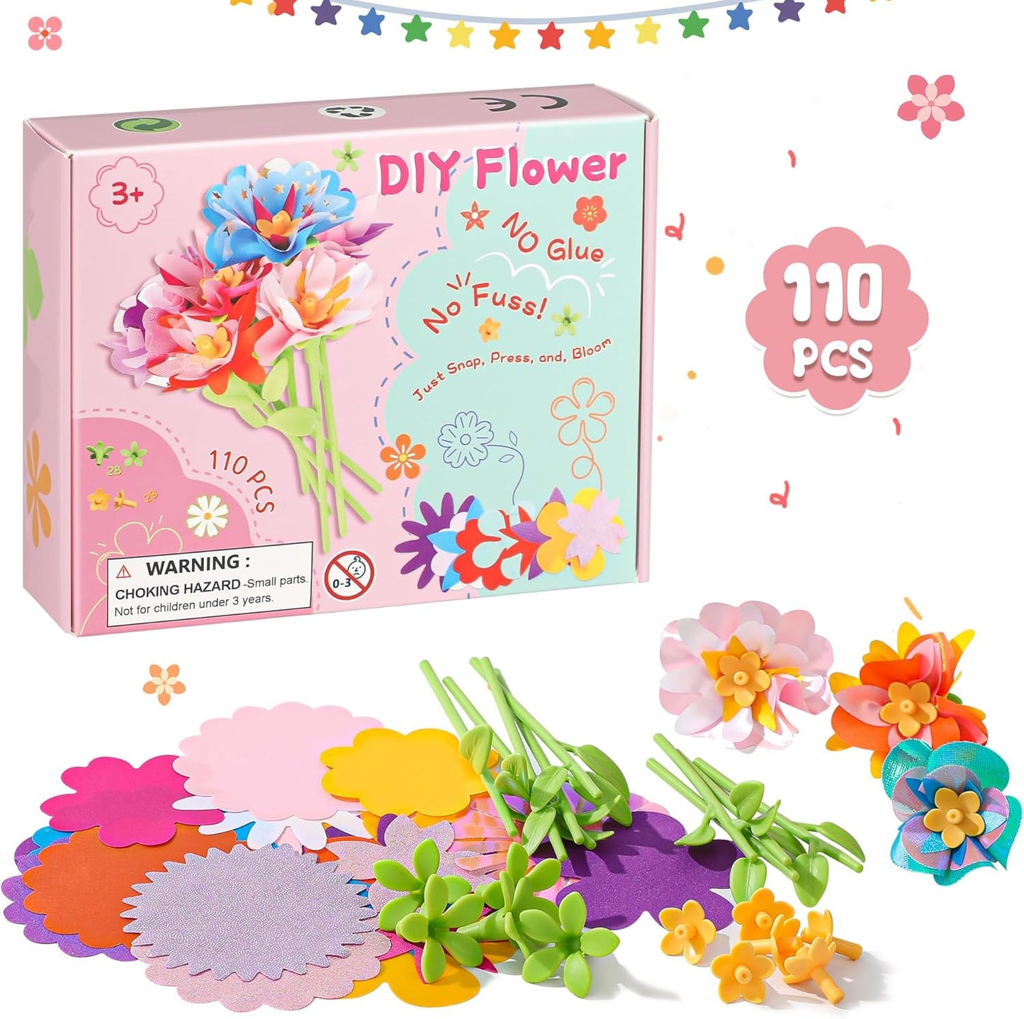 Plesechde DIY Fabric Flower Bouquets Toys Accessories,Arts and Crafts Toy Accessories with 110pcs Petals,Ideal Gifts for Kids 3+ Years Old for Birthday,Christmas