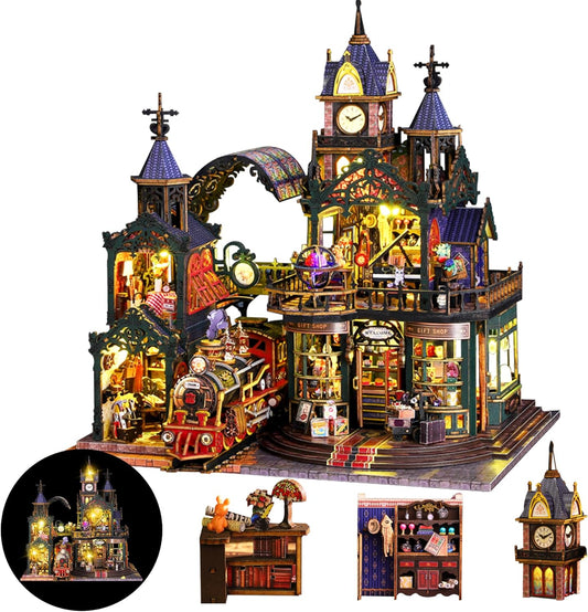 DIY Miniature House Kit, DIY Dollhouse Kit for Adults to Build, Mini House Kit with LED, Mayberry Street Miniatures, Ideal Gifts for Birthday, Halloween Christmas(Rail-Track Secluded City)