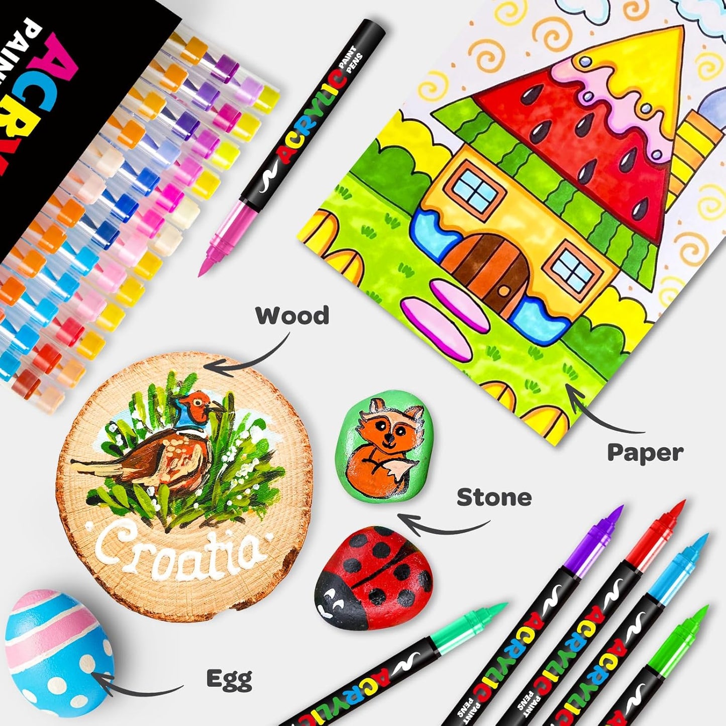 72 Colors Acrylic Paint Markers, Soft Brush Tip Pens and Markers, Water-Based Acrylic Paint Pens for Wood, Stone, Canvas, Glass, Fabric, Egg, Rock Painting and DIY Crafts Art Supplies