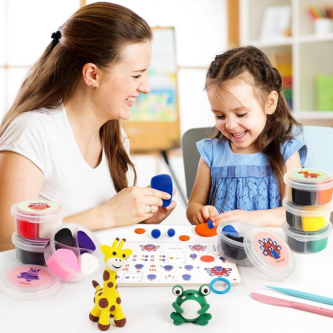 Air Dry Clay Kit for Kids, 12 Animals Modeling Clay with Tutorial Cards & Video, 8 Sculpting Tools, Ultra Light, Safe & Non-Toxic, Arts and Crafts Toys Christmas Gifts for Boys Girls