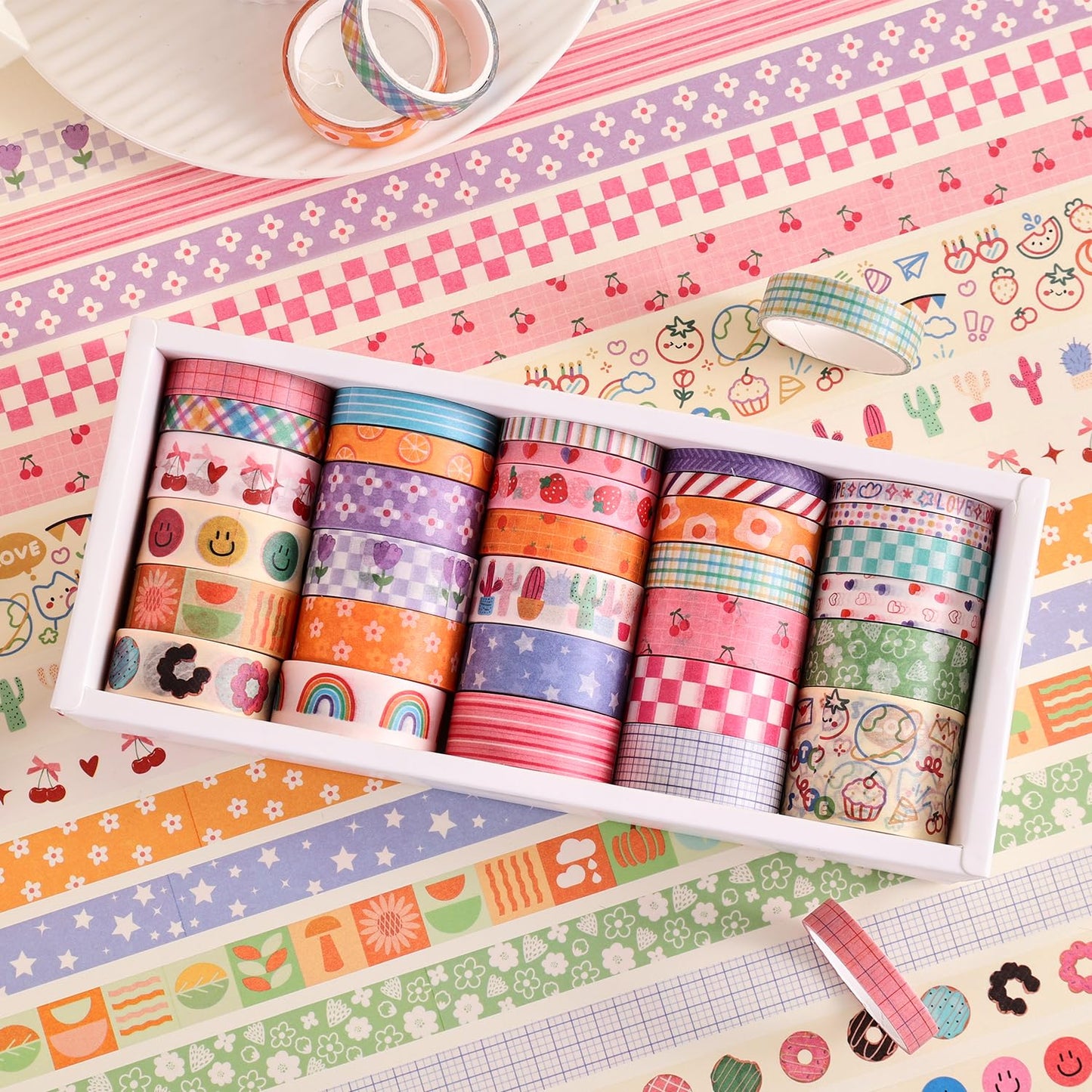 32 Rolls Colorful Cute Floral Writable Washi Tape Set, Decorative Tapes for Scrapbooking and Journaling, Junk Journal Supplies, Bullet Journaling for Women Girl 5-30mm Wide 9.84ft Long/Roll