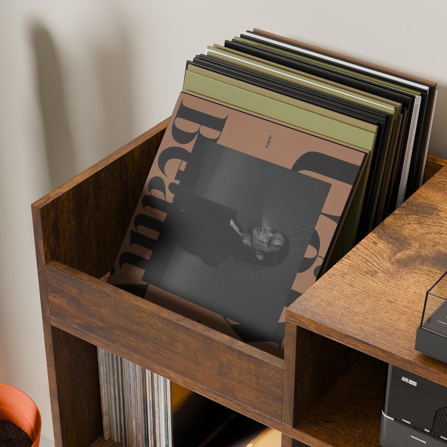 Cozy Castle Large Record Player Stand, Vinyl Storage Cabinet Mid Century Modern Turntable Stand Media Console Table Open Shelf Cube CD Album Holder Organizer for Living Room, Office, Rustic Brown