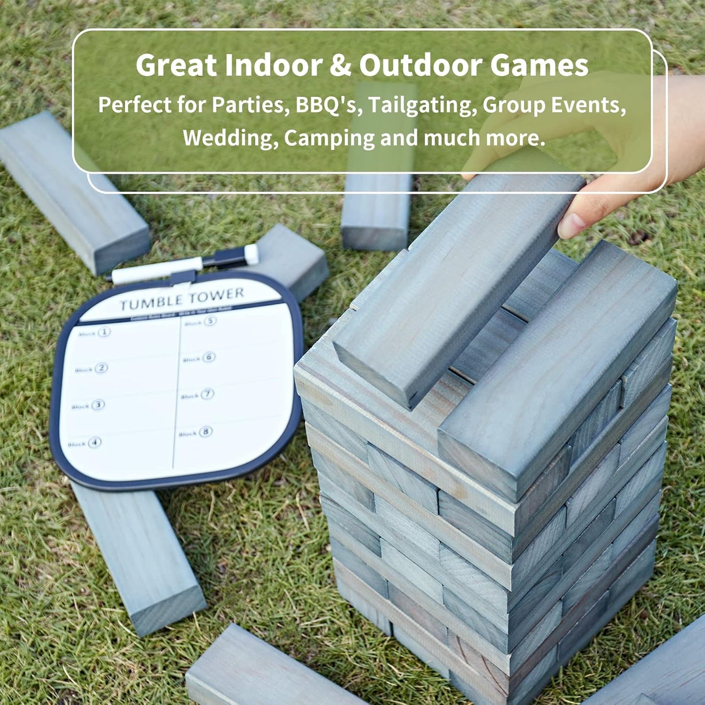 ApudArmis 54 PCS Tumble Timber Set Up to 3.2FT, Pine Wooden Tumble Tower Game with Dice and Scoreboard Set - Classic Block Stacking Board Game for Adults Teenagers (Gray)