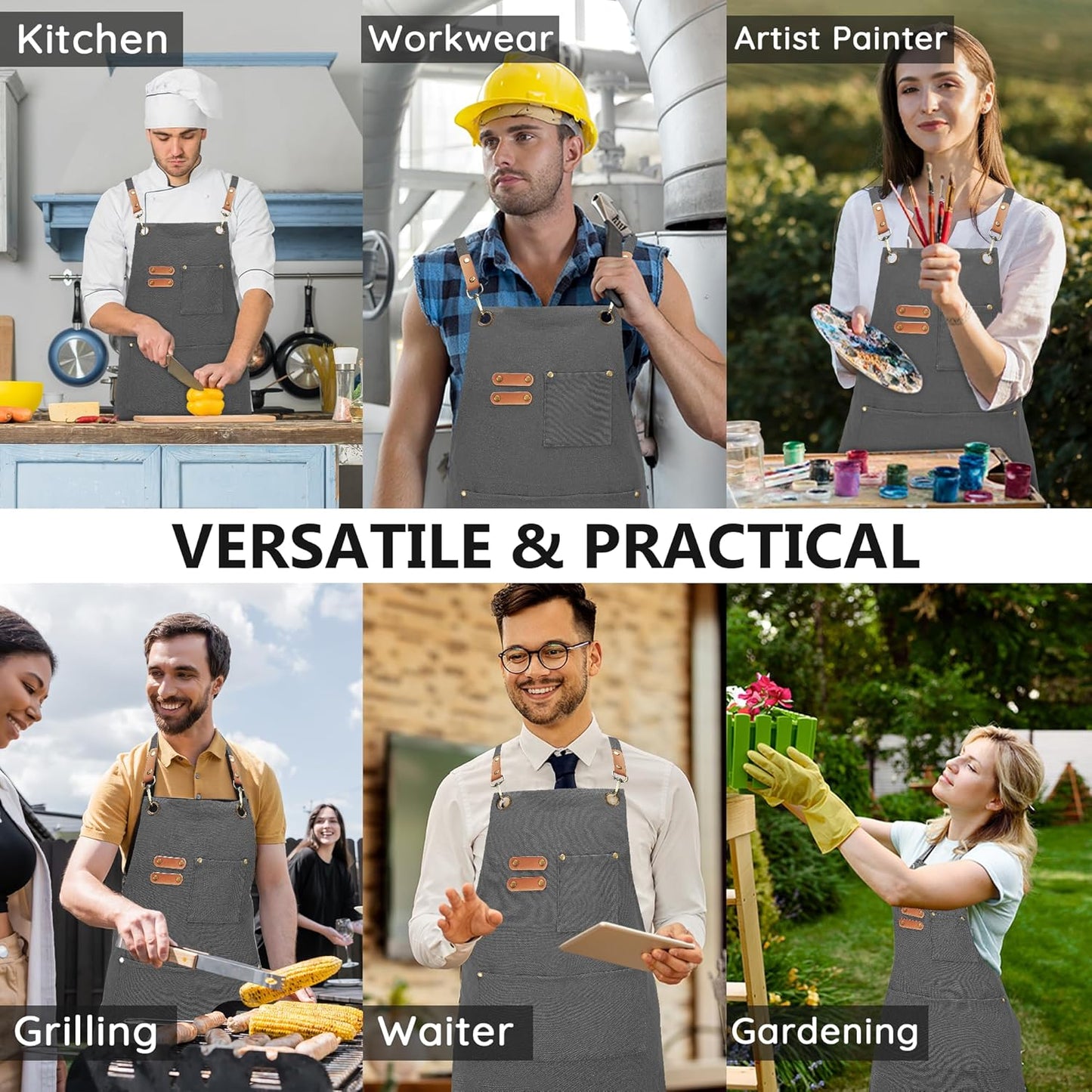 Canvas Aprons, Kitchen Chef Aprons, Work Aprons for Men Women, Adjustable Strap Aprons with 3 Pockets