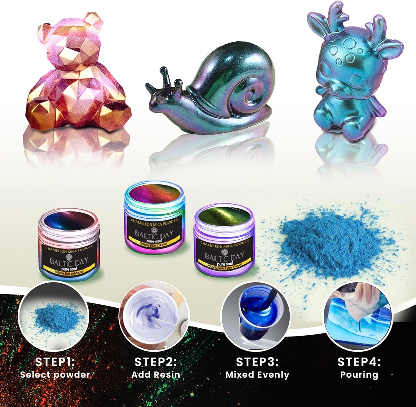 BALTIC DAY - Mica Powder, 75 Colors - 5 Chameleon Mica Powder for Epoxy Resin - Colorshift Mica - Resin Colorant for Lip Gloss, Soap Making, Candle, Nail, Bath Bomb, Paint, Car Freshies