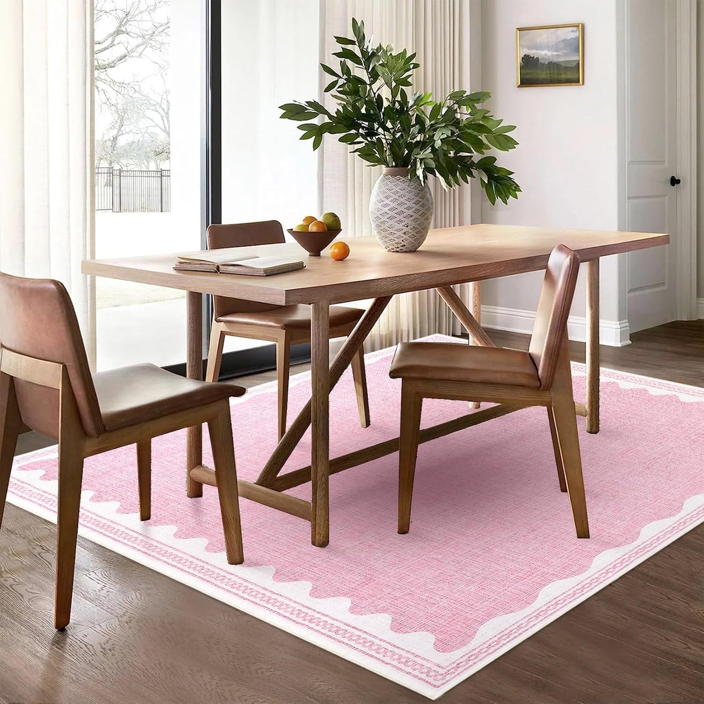 Scalloped Washable Rug 8x10 Area Rugs for Living Room, Solid Pink Rug for Bedroom Girls, Non Slip Throw Carpet with Rubber Back, Soft Dorm Nursery 8x10 Rugs for Dining Room