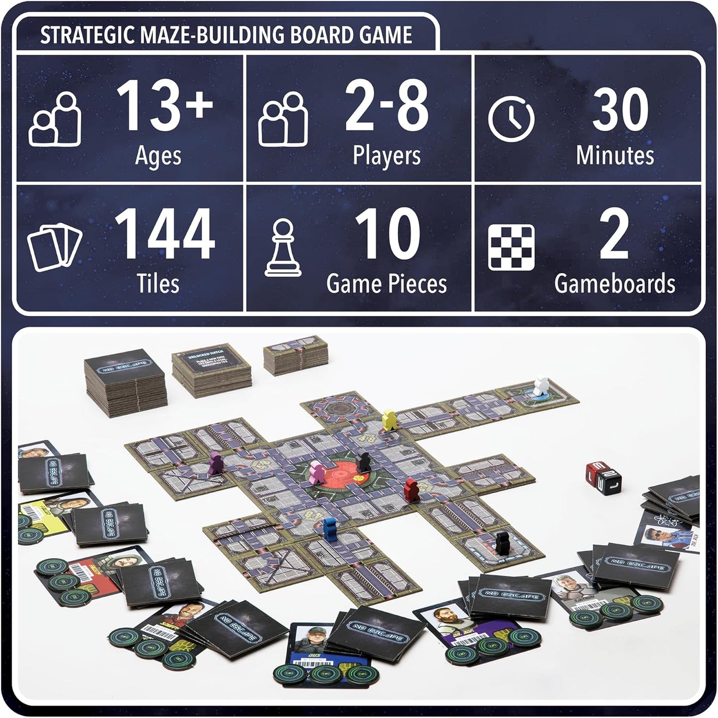 No Escape Board Game - Strategy Board Games for Adults, Family Games, Party Games. Unique Strategic Space Sabotage Traitor Maze Game with Tiles - Fun for Kids, Teenagers, Adults. 2 to 8 Players.