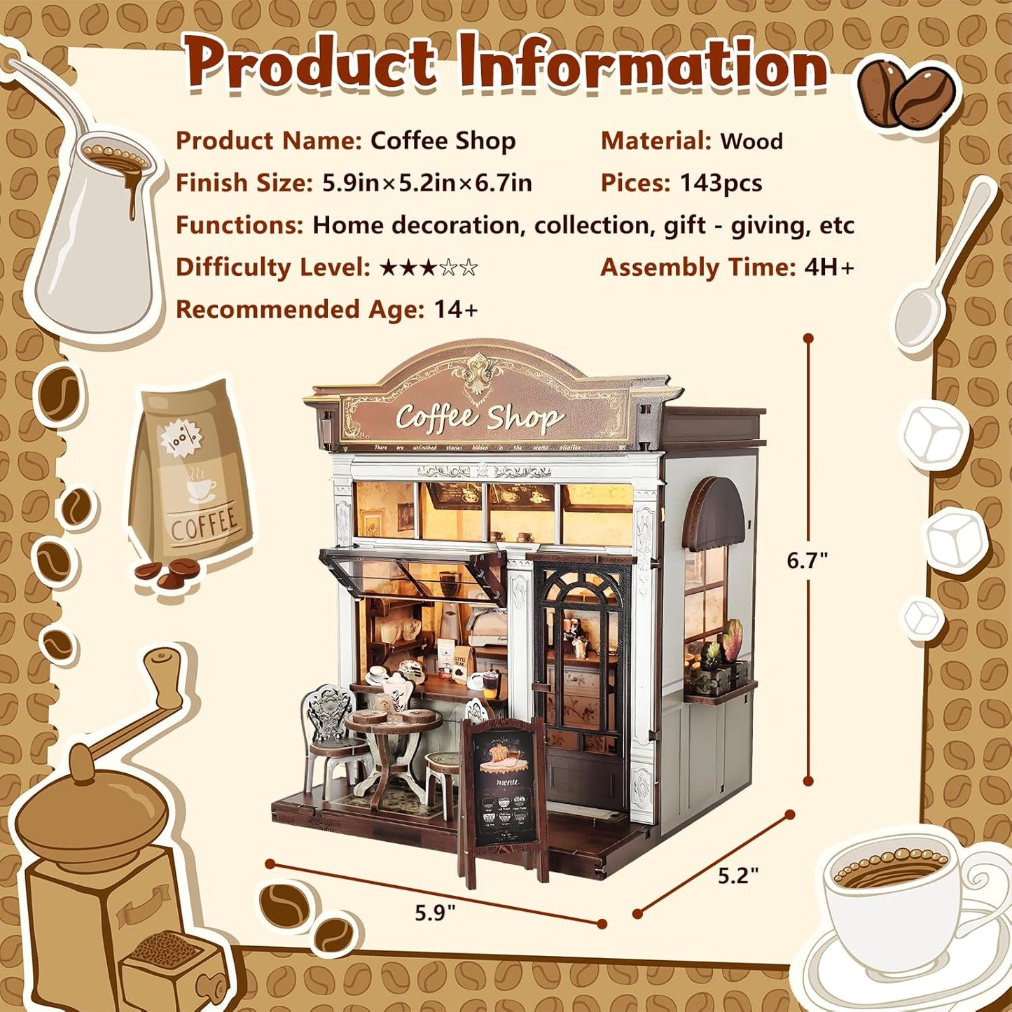 DIY Miniature House Kit, Coffee Shop Book Nook Kit, Mini Building Kit, Dollhouse Kit for Adults and Teens, 3D Wooden Puzzles with LED Light, Craft Kit for Family and Friends(Retro Coffee Shop)