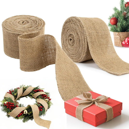 Burlap Ribbon 3 Inch Wide - Natural Burlap Fabric Rustic 29.5 FT 2 Rolls 4.9 Yard Thick Jute Christmas Ribbon for Crafts Flower Bouquet Christmas Tree Decorations
