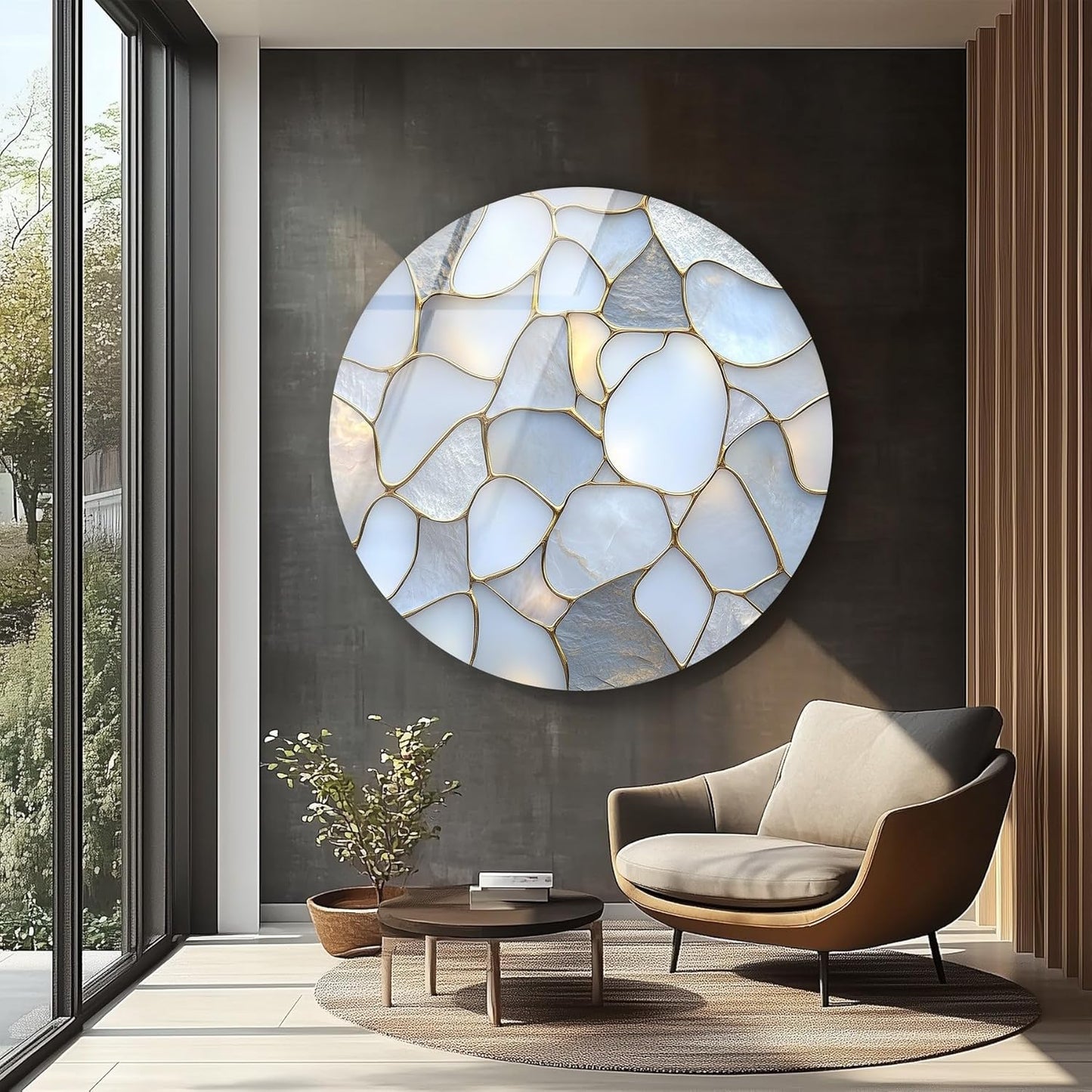 My Photostation.com 20''(50cm) Diameter White Stone Mosaic Round Glass Wall Art Tempered Glass Printing Wall Decor Large Wall Art Wall Hangings