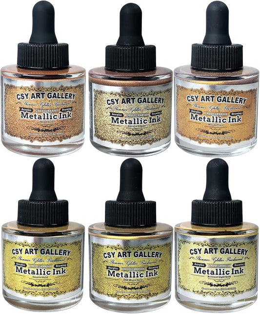 CSY art gallery Metallic Acrylic Paint Ink-Water Resistant Drawing Inks Set-24K Gold Alcohol Ink-Mica Paint for Resin, Rock,Markers Refill,Wood,Crafts (Fallen Leaves Starlight Set)