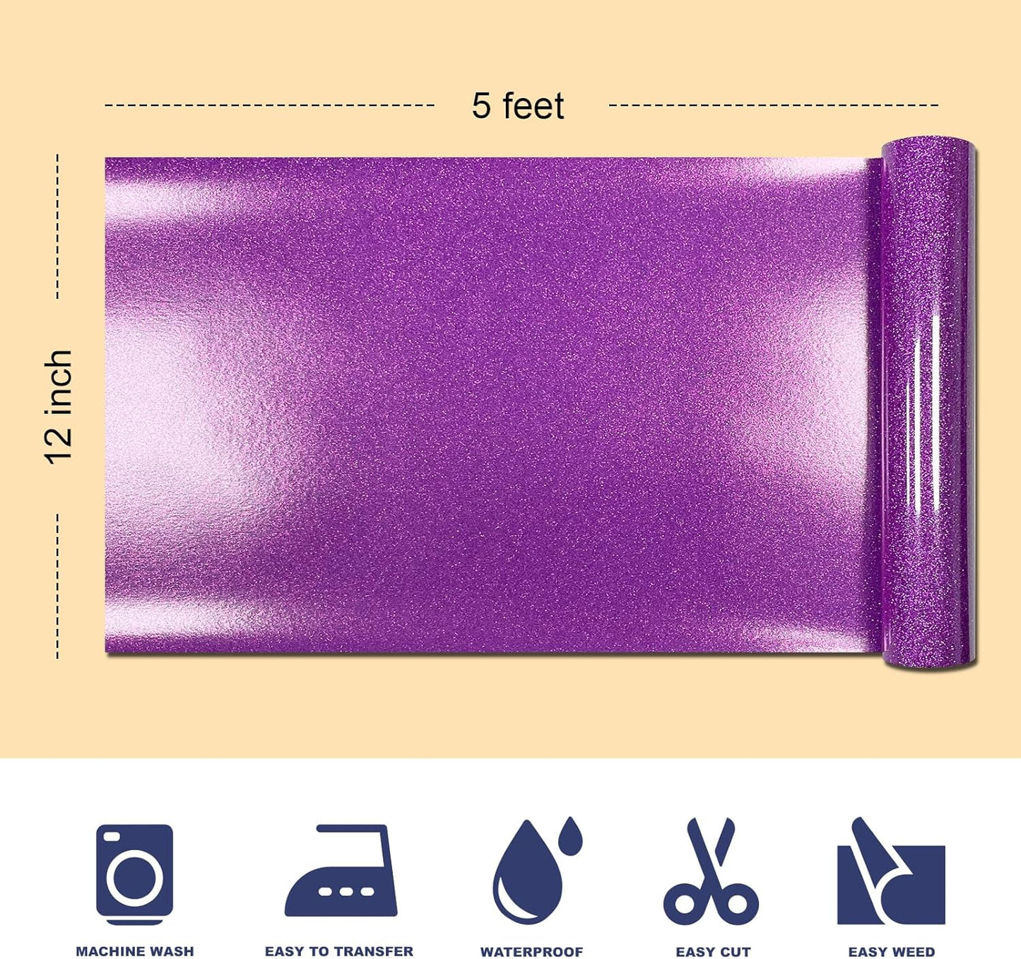 Dark Purple Glitter HTV Heat Transfer Vinyl, 12" x 5ft lron on Vinyl, for T-Shirt Ironing, Vinyl HTV Easy to Cut and Weed, The Best Choice for DIY Creativity. (Dark Purple, 12" x5ft)