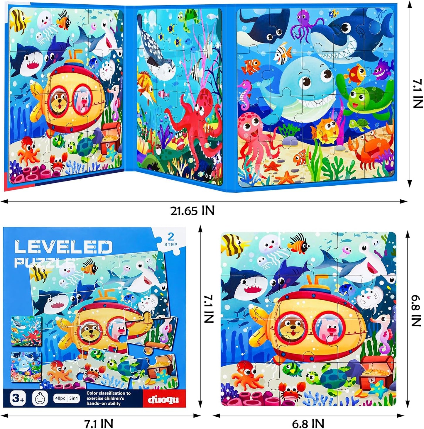 Magnetic Puzzles for Kids Ages 3-5, 3 in 1 Ocean World Toddlers Magnet Jigsaw Puzzle Book, Kids Travel Puzzles Toys, Preschool Learning Toy for Kids 3-8 Year (Ocean World)