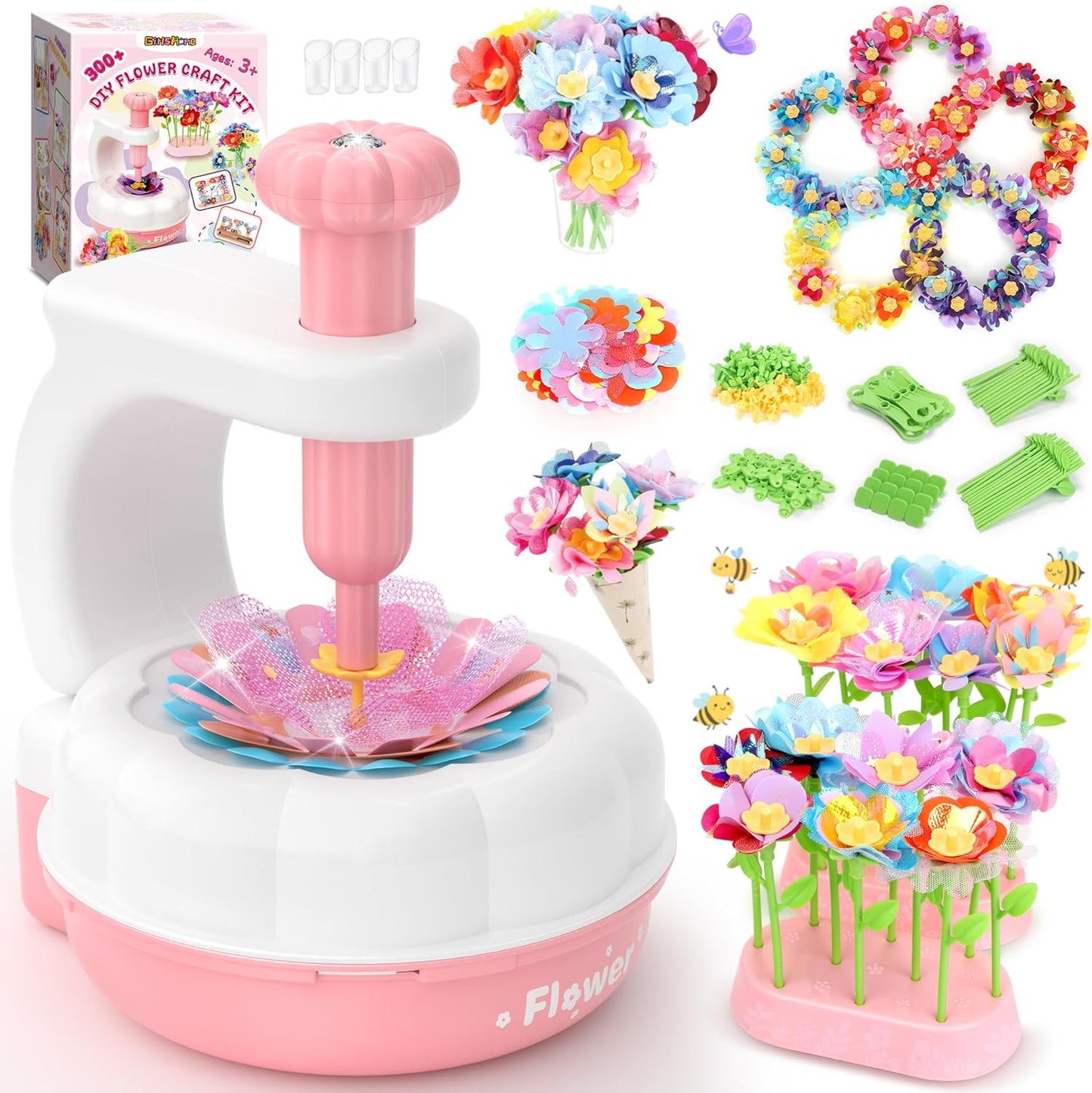 GirlsHome 300+PCS Fabric Flower Bouquets Toys, DIY Flower Crafts Kits for Kids, Arts and Crafts for Kids Ages 6-8 Girls, Build Flower Bouquet, STEM Educational Toy Preschool Gifts (White Pink)