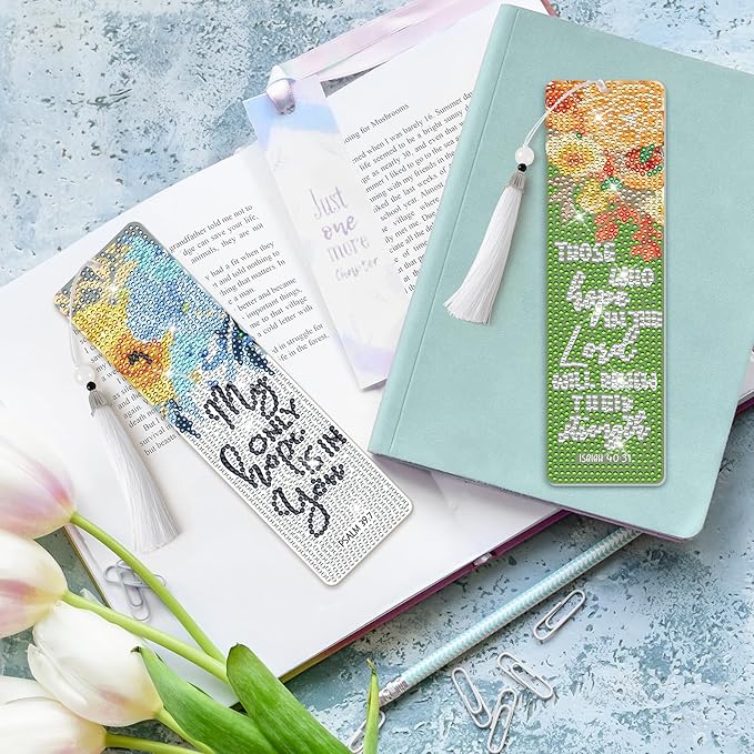 8 Pieces Christian Bible Verse Diamond Art Bookmarks 5d Christian Beaded Bookmark Acrylic Tassel Bookmark for DIY Making Beginners Kids Adults Arts Craft Supplies (Floral Christian)