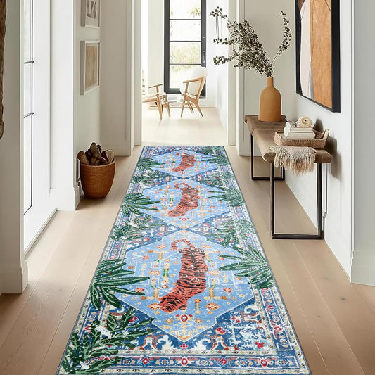 Oriental Tropical Hallway Runner Rug 2x8 Washable, Thin Stain Resistant Blue Boho Runner Rug for Entryway Kitchen Bedroom Laundry, Vintage Abstract Hippie Indian Botanical Long Floor Carpet