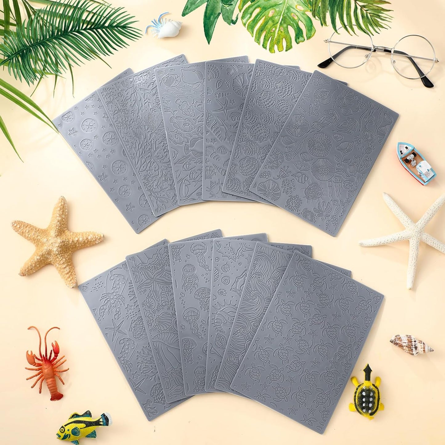 12pcs Polymer Clay Texture Sheets Set Works with Polymer Clay Cutter Embossing Clay Texture Roller DIY Sheets for Jewelry Earring Making DIY Craft Supply (Summer)